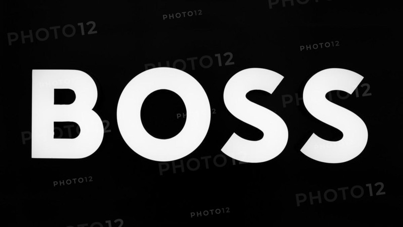 Boss brand lettering, black and white, Roermond, Netherlands