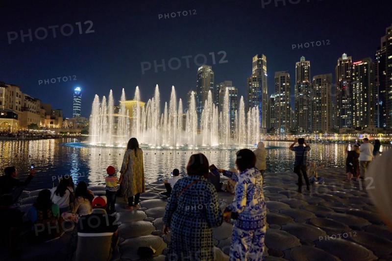The Dubai Fountain water features on Lake Burj Khalifa. Dubai, United Arab Emirates, Asia