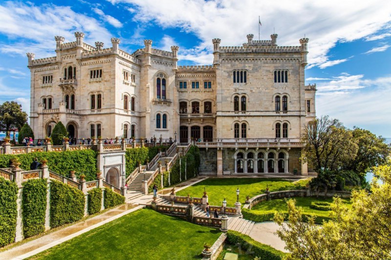 Miramare Castle in white limestone with a marvellous view of the Gulf of Trieste, 1870, residence of Maximilian of Habsburg-Lorraine and Austria, princely living culture in the second half of the 19th century, Friuli, Italy, Trieste, Friuli, Italy, Europe