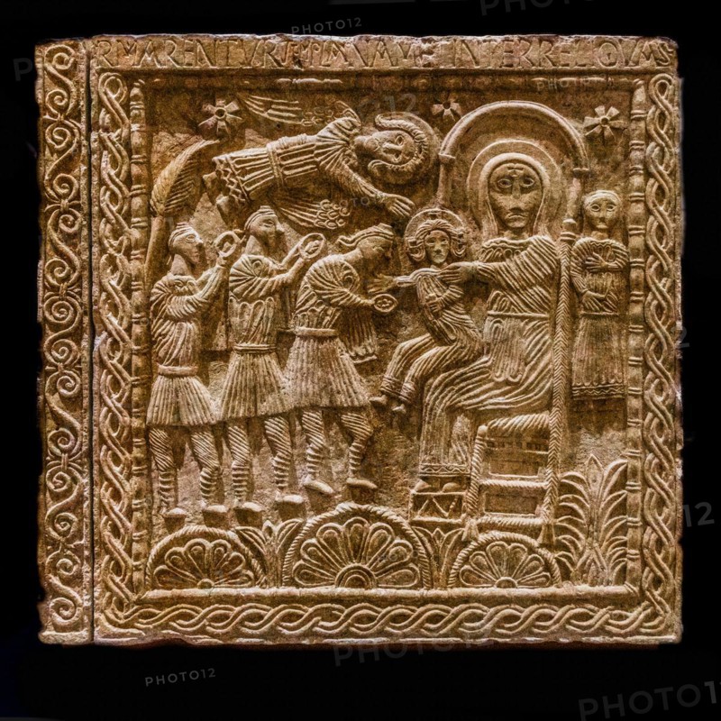 Ratchis Altar with Adoration of the Magi with the Mother of God on the throne, 8th century, Museo Cristiano with masterpieces of Lombard sculpture, Cividale del Friuli, city with historical treasures, UNESCO World Heritage Site, Friuli, Italy, Cividale del Friuli, Friuli, Italy, Europe