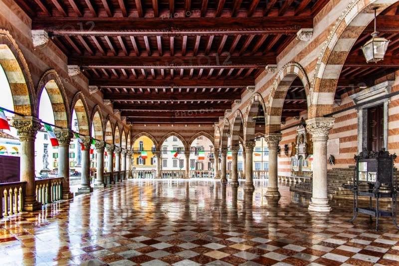 White and pink striped Loggia del Lionello in the finest Venetian Gothic style, 15th century in Piazza della Liberta, Udine, most important historical city in Friuli, Italy, Udine, Friuli, Italy, Europe