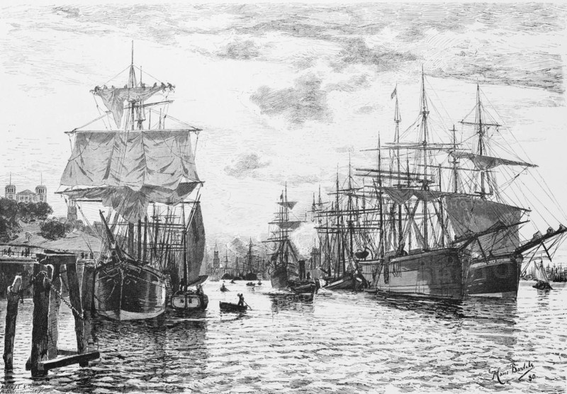 Hamburg harbour, moorings, dolphins, many sailing ships, landing stage, rowing boats, trade, Germany, historical illustration 1880, Europe