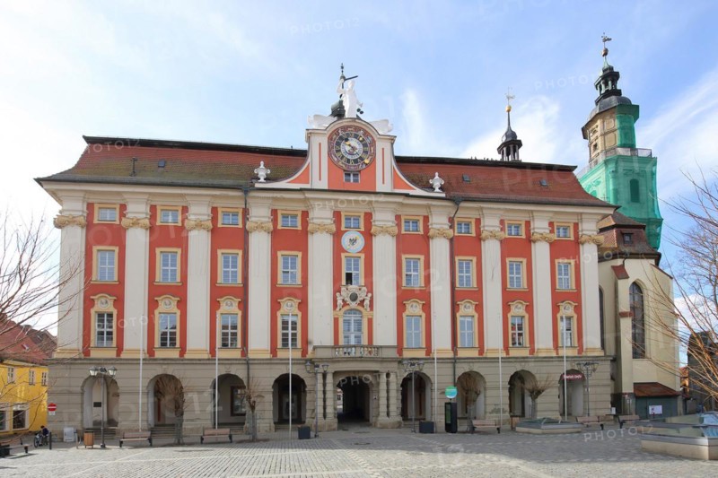 Baroque town hall built in 1717 Landmark and steeple of St Kilian's Church, market square, Bad Windsheim, Middle Franconia, Franconia, Bavaria, Germany, Europe