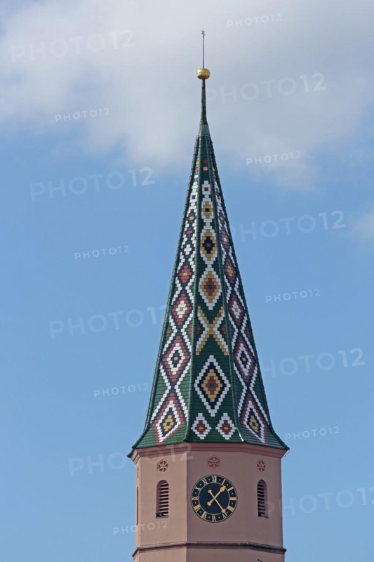 Spire with pattern of the late Gothic St. Maria am See church built in the 15th century, white, green, Bad Windsheim, Middle Franconia, Franconia, Bavaria, Germany, Europe