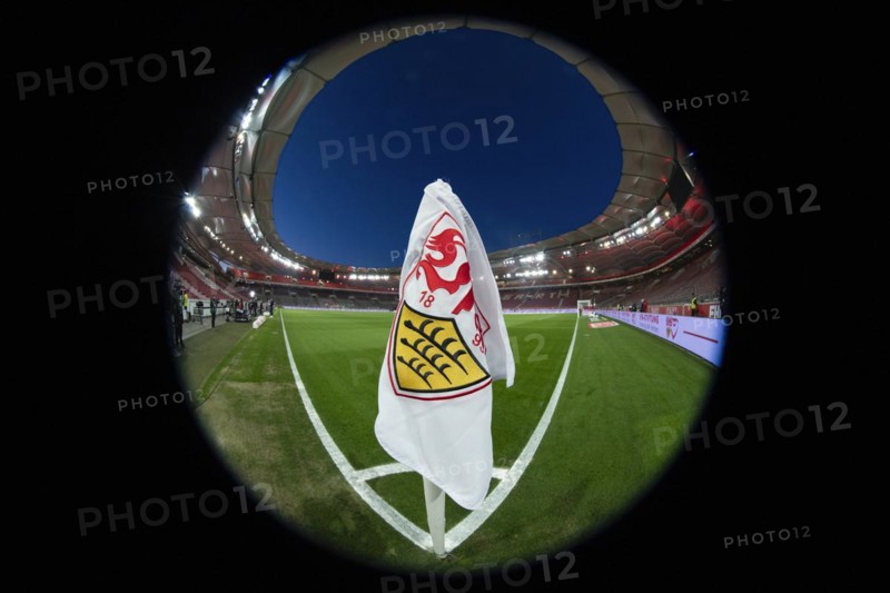 Corner flag, logo, VfB Stuttgart, Bundesliga, interior, floodlit match, blue hour, MHPArena, MHP Arena Stuttgart, Baden-Wuerttemberg, Germany, Europe