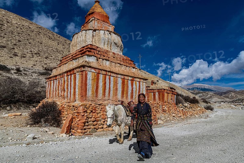 Woman with her horse, colourfully painted Buddhist stupa in front of mountain landscape, erosion landscape and houses of Garphu behind, Garphu, Kingdom of Mustang, Nepal, Asia