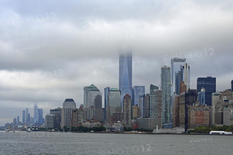 Skyline with skyscrapers in the Financial District, One World Trade Centre or Freedom Tower in the clouds, Hudson River, Lower Manhattan, New York City, New York, USA, North America