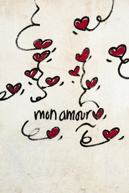 Street art, painted house wall with hearts and lettering on the theme of love, Montmartre, Paris, Ile-de-France, France, Europe