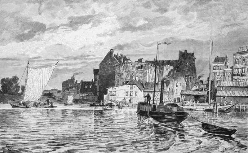 Arrival in the harbour of Szczecin, Baltic Sea, city, steamship, sailing ship, building, Poland, historical illustration 1880, Europe