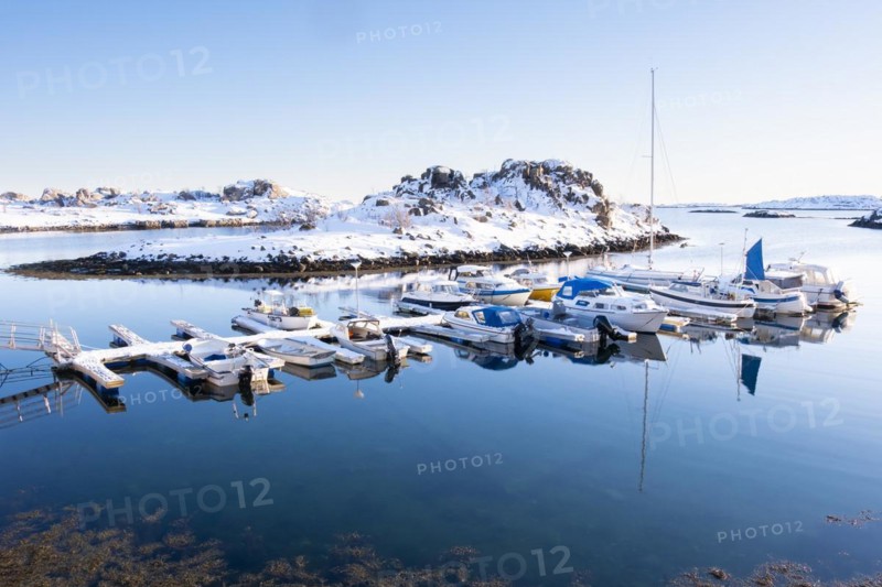 Lofoten, Norway. Solvaer, Nordland province. Pleasure craft in a side bay, Svolvaer, Nordland, Lofotoen, Norway, Europe