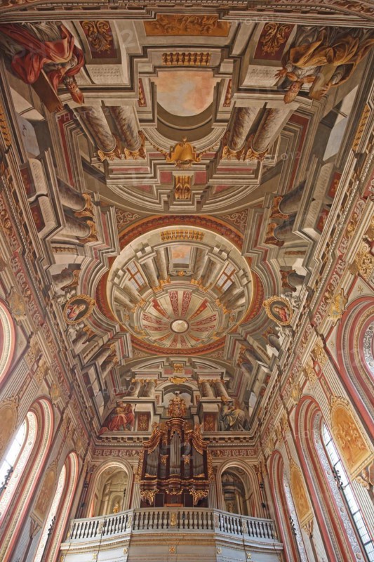 Organ and ceiling fresco by Giovanni Francesco Marchini 1729, baroque, interior view, mock architecture, mock painting, ceiling painting, arts and crafts, painting, view from below, Mauritiuskirche, Wiesentheid, Lower Franconia, Franconia, Bavaria, Germany, Europe