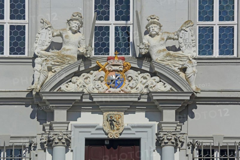Portal with town coat of arms, figures and decorations from the baroque town hall, detail, sword, shield, two, market square, Iphofen, Lower Franconia, Franconia, Bavaria, Germany, Europe