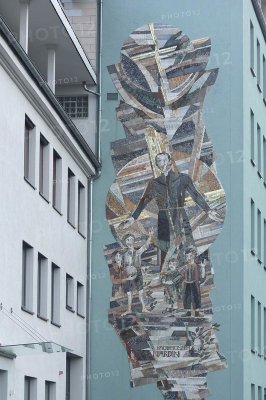 Monument and wall mosaic with priest Paul Josef Nardini, children, figures, tiles, arts and crafts, Pfalzklinikum, Pirmasens, Palatinate Forest, Rhineland-Palatinate, Germany, Europe