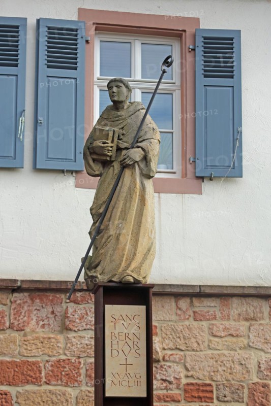 Sculpture and monument to the monk Sanctus Bernardus, Bernhard von Clairvaux, with crosier, saint, saint, inscription, chapter house, Otterberg, Palatinate Forest, Rhineland-Palatinate, Germany, Europe