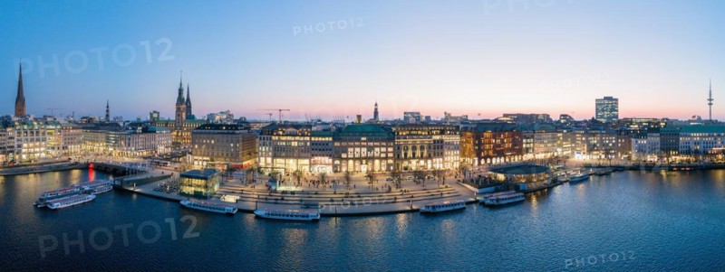 Aerial view as a panorama of the Jungfernstieg with Inner Alster Lake at blue hour, Hamburg, Germany, Europe