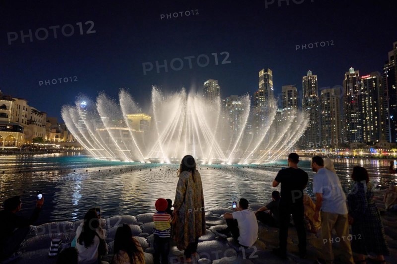 The Dubai Fountain water features on Lake Burj Khalifa. Dubai, United Arab Emirates, Asia