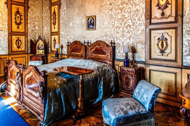 Charlotte's bedroom, interior in neo-renaissance, neo-baroque style, Miramare Castle with marvellous view of the Gulf of Trieste, 1870, residence of Maximilian of Austria, princely living culture in the second half of the 19th century, Friuli, Italy, Trieste, Friuli, Italy, Europe