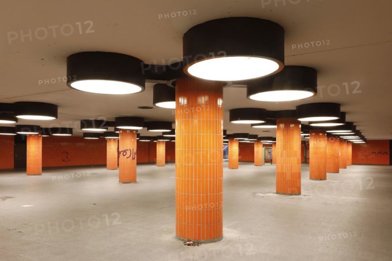 Subway of the Messedamm at the ICC in Berlin. The pedestrian tunnel between the International Congress Centre, ICC and bus station was designed by architect Rainer Gerhard Ruemmler. With its 70s design in bright orange, the tunnel has already been used as a backdrop for many Hollywood films, 07.8.2018