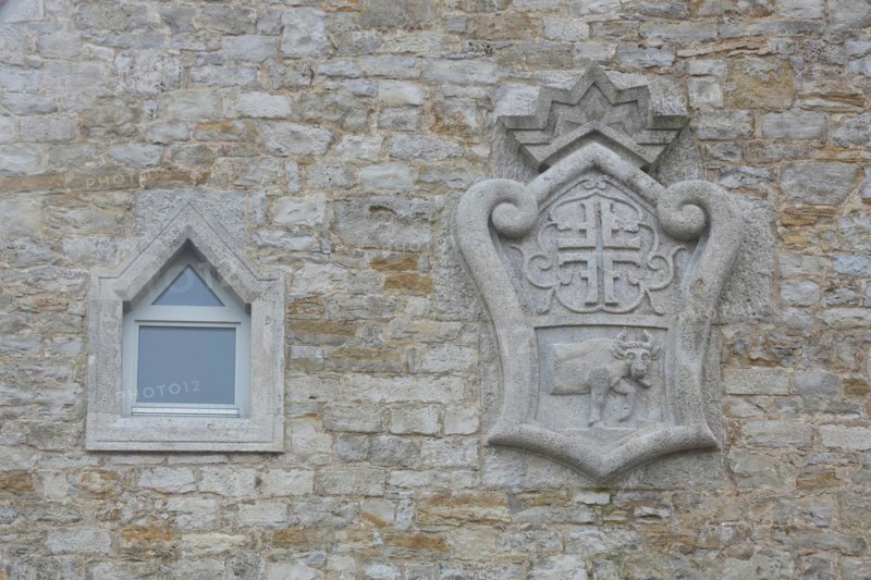 Town coat of arms with ox figure, bull figure, stone, relief, gymnastics club, Ochsenfurt, Lower Franconia, Franconia, Bavaria, Germany, Europe
