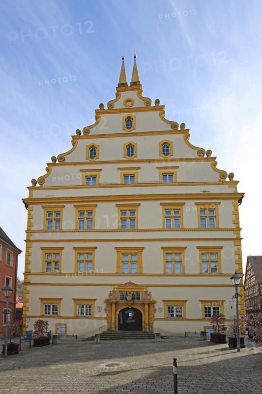 Renaissance castle built in 1580 with tail gable, yellow, Marktbreit, Lower Franconia, Franconia, Bavaria, Germany, Europe