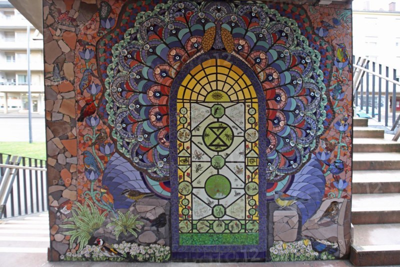 Staircase with wall mosaic flora and fauna by Isidora Paz Lopez 2019, rosette, circle, colourful, blue, bird figures, flower figures, handicrafts, tiles, tiles, Lopez, rock staircase, bird staircase, Pirmasens, Palatinate Forest, Rhineland-Palatinate, Germany, Europe