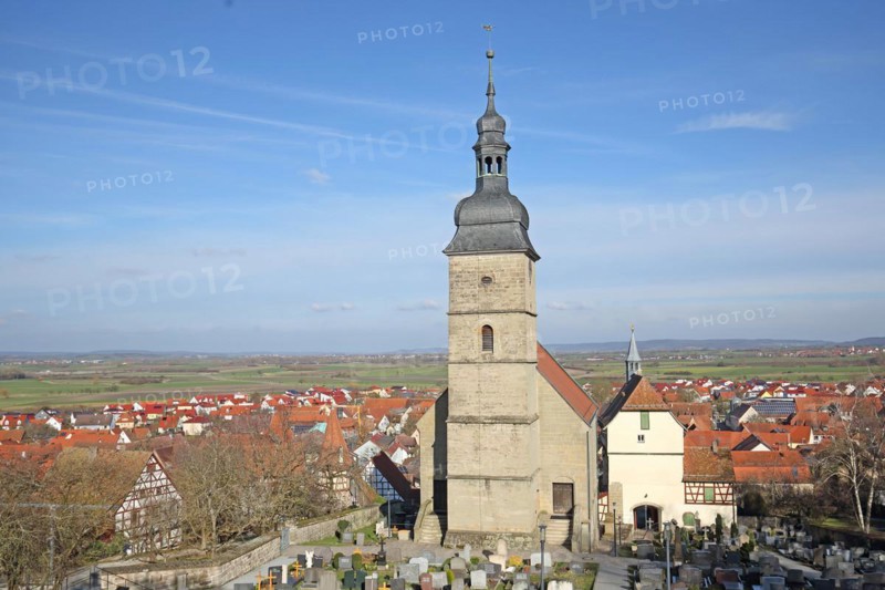 St John's Church with cemetery and historic gate tower, view, panoramic view, townscape, Burgbernheim, Middle Franconia, Franconia, Bavaria, Germany, Europe