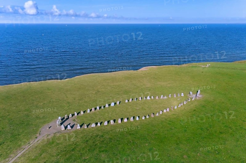 Aerial view over Ale's Stones, Ales stenar, megalithic stone oval monument representing stone ship near Kaseberga, Skane, Sweden, Europe