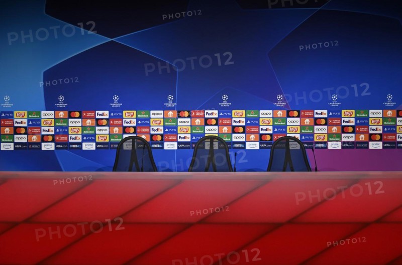 Press centre, podium, sponsors, logo, FC Bayern Munich FCB, Champions League, CL, Allianz Arena, Munich, Bavaria, Germany, Europe