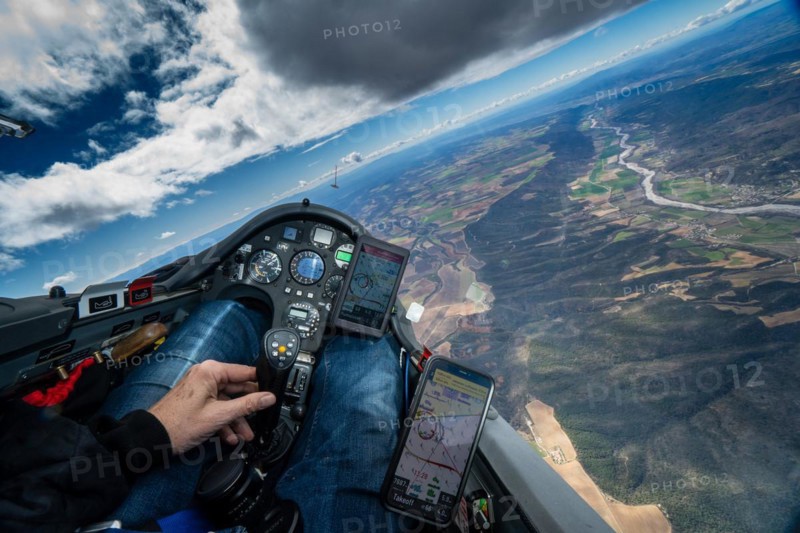 Aerial photo, gliding flight, cockpit, instruments, GPS, steering, flying, gliding, Aces, Provence, France, Europe