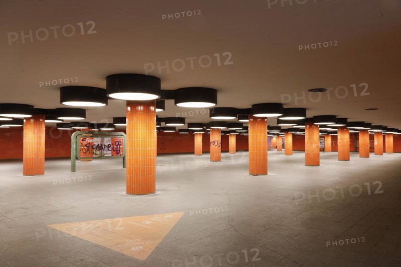 Subway of the Messedamm at the ICC in Berlin. The pedestrian tunnel between the International Congress Centre, ICC and bus station was designed by architect Rainer Gerhard Ruemmler. With its 70s design in bright orange, the tunnel has already been used as a backdrop for many Hollywood films, 07.8.2018