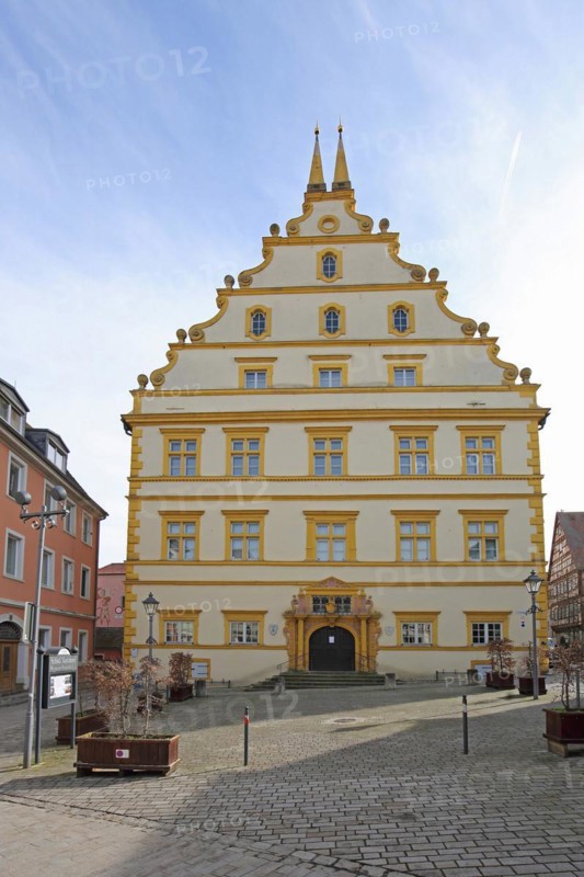 Renaissance castle built in 1580 with tail gable, yellow, Marktbreit, Lower Franconia, Franconia, Bavaria, Germany, Europe