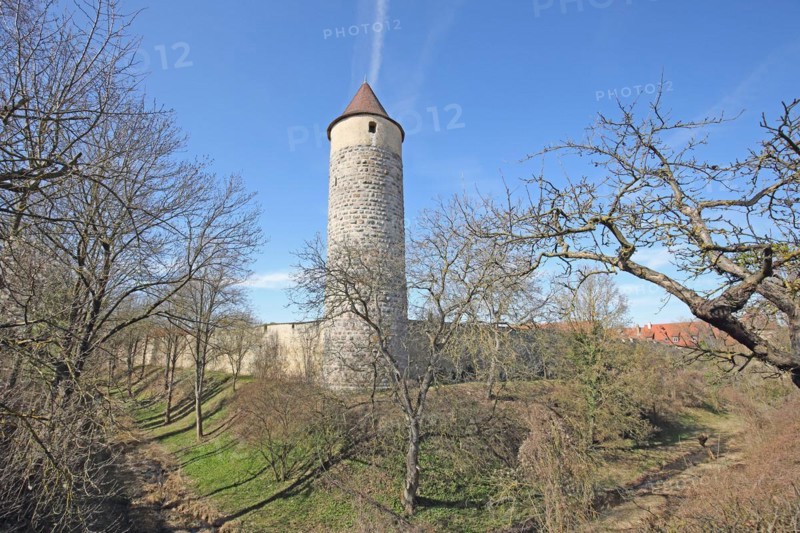 Historic owl defence tower with town wall, town fortification, defence tower, Iphofen, Lower Franconia, Franconia, Bavaria, Germany, Europe