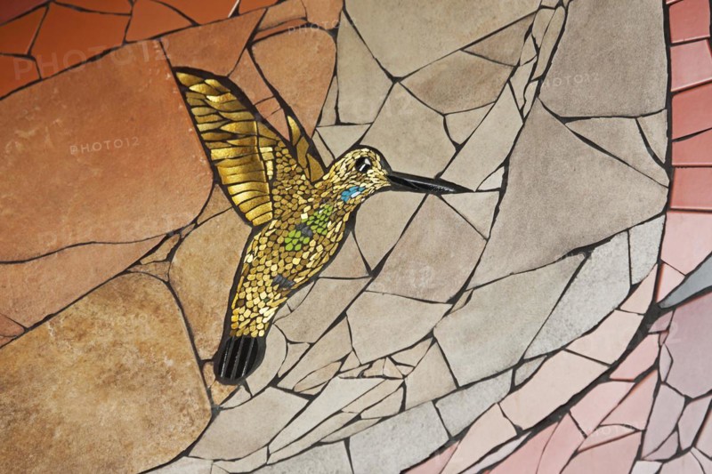 Wall mosaic with hummingbird in flight by Isidora Paz Lopez 2019, one, yellow, golden, flight, bird figure, handicraft, tiles, tiles, Lopez, rock staircase, bird staircase, Pirmasens, Palatinate Forest, Rhineland-Palatinate, Germany, Europe