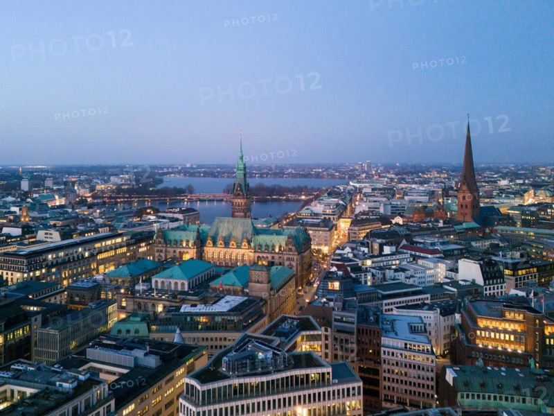 Aerial view of Hamburg City Hall with Inner Alster and Outer Alster Lake at blue hour, Hamburg, Germany, Europe