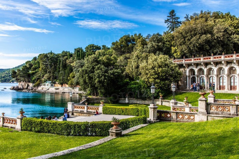 Park of Miramare Castle with marvellous view of the Gulf of Trieste, 1870, residence of Maximilian of Habsburg-Lorraine and Austria, princely living culture in the second half of the 19th century, Friuli, Italy, Trieste, Friuli, Italy, Europe