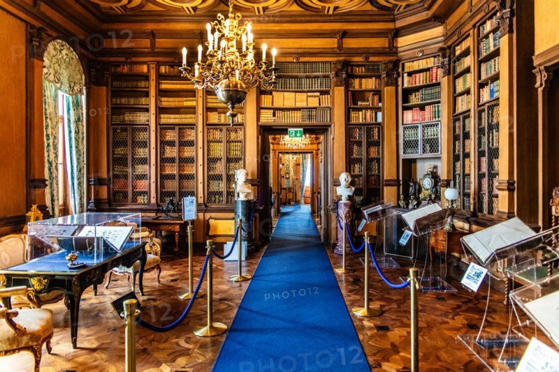 Library, neo-renaissance, neo-baroque style interiors, Miramare Castle with magnificent view of the Gulf of Trieste, 1870, residence of Maximilian of Austria, princely living culture in the second half of the 19th century, Friuli, Italy, Trieste, Friuli, Italy, Europe