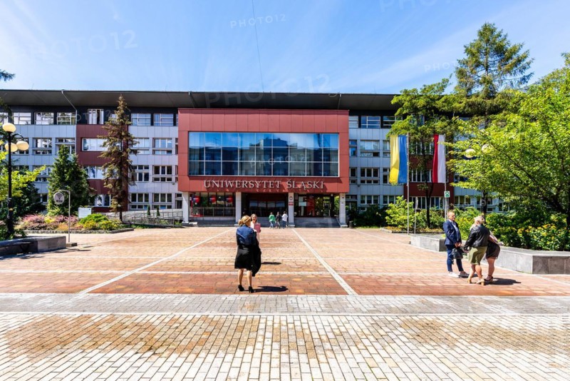 Katowice, Poland, July 11, 2022: Entrance of University of Silesia in Katowice, Europe