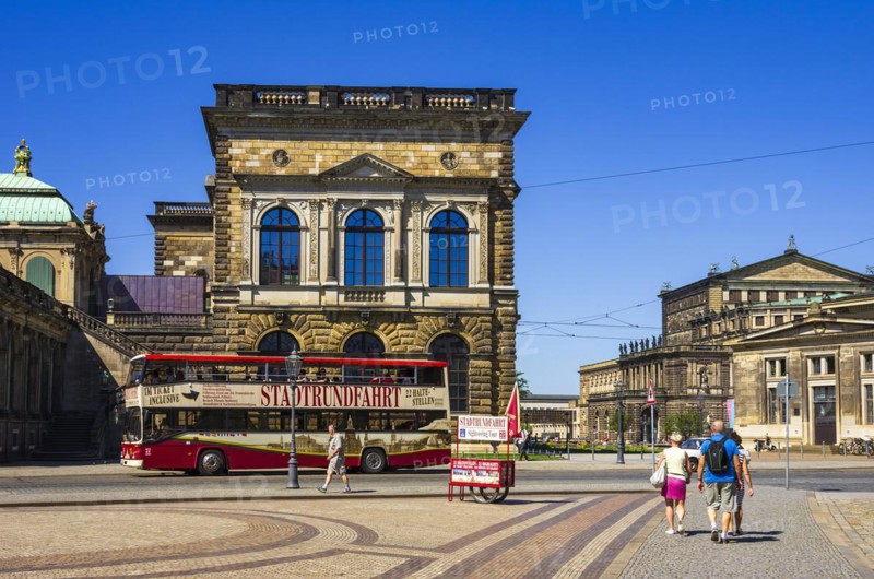 Ticket sales stand and stop for city tours on Sophienstrasse in front of the Dresden Zwinger, Inner Old Town, Dresden, Saxony, Germany, for editorial use only, Europe