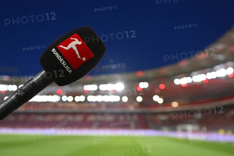 Microphone, microphone, logo, Bundesliga, interior, floodlit match, blue hour, MHPArena, MHP Arena Stuttgart, Baden-Wuerttemberg, Germany, Europe
