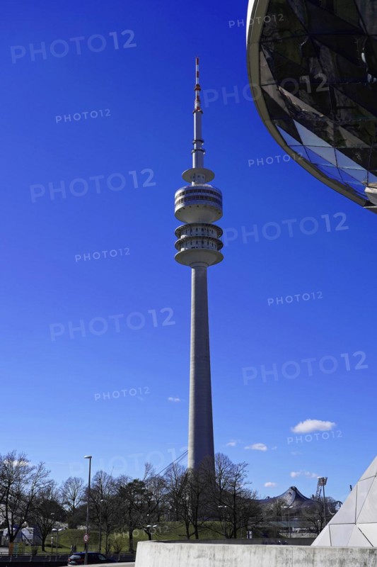 The Olympic Tower in Munich is reflected in the facade of a modern building, BMW WELT, Munich, Germany, Europe