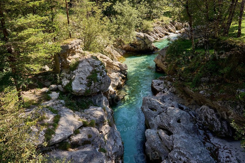 Soca River, narrow limestone gorge with rapids, small Soca troughs, Soca Valley, Mala korita Soce, Trenta Valley, Triglav National Park, Julian Alps, Slovenia, Europe