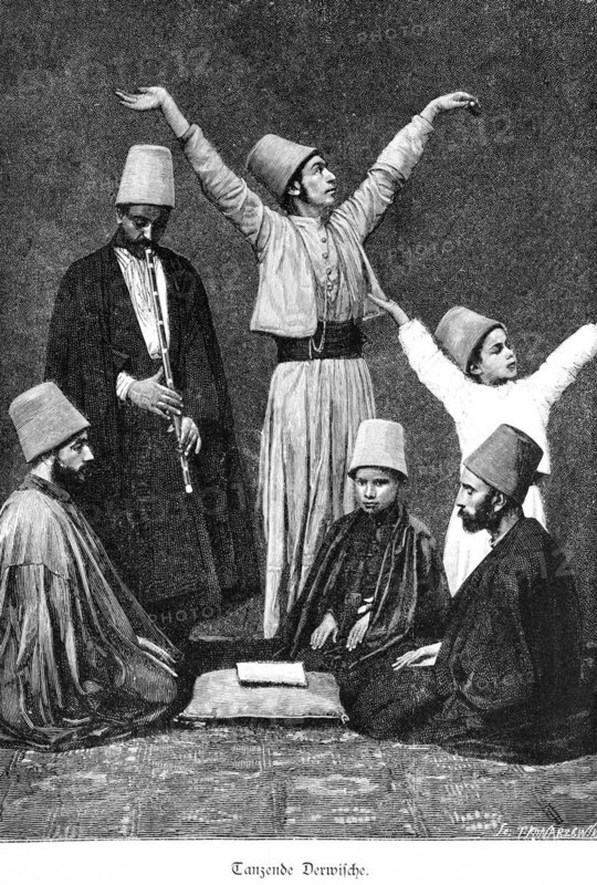Dancing dervishes, Cairo, Egypt, group, music, flute, hat, Africa, historical illustration 1890, Africa