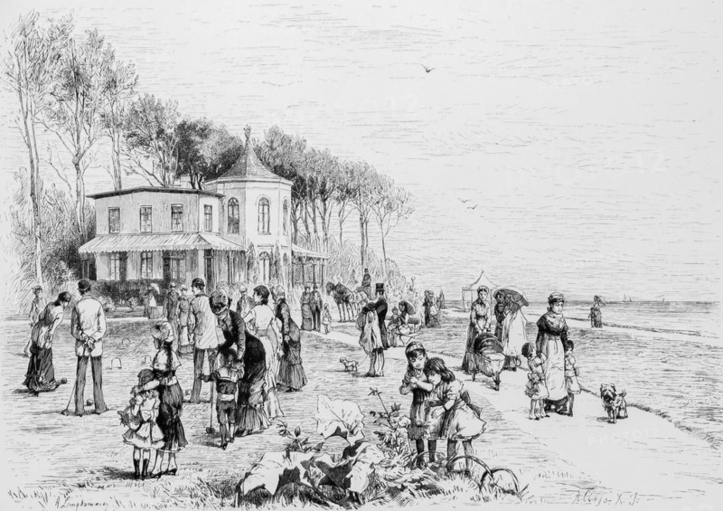 On the Heiligen Damm, lakeside, restaurant, holiday, spa guests, children, men, woman, couples, leisure, dog, pram, many people, Heiligendamm, Mecklenburg-Vorpommern, Baltic Sea, Germany, historical illustration 1880, Europe