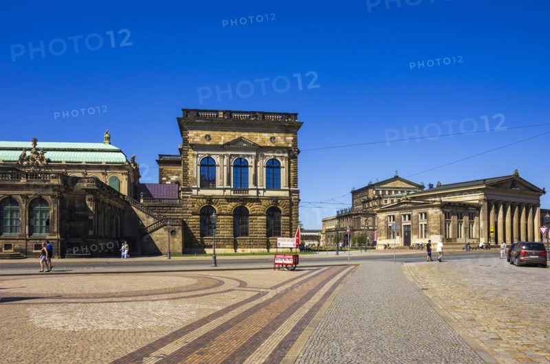 Ticket sales stand and stop for city tours on Sophienstrasse in front of the Dresden Zwinger, Inner Old Town, Dresden, Saxony, Germany, for editorial use only, Europe