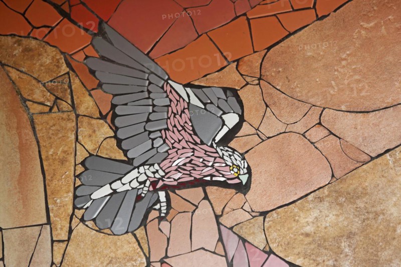 Wall mosaic with falcon in flight by Isidora Paz Lopez 2019, one, bird figure, flight, Common Kestrel, coloured falcon, handicraft, tiles, tiles, Lopez, rock staircase, bird staircase, Pirmasens, Palatinate Forest, Rhineland-Palatinate, Germany, Europe
