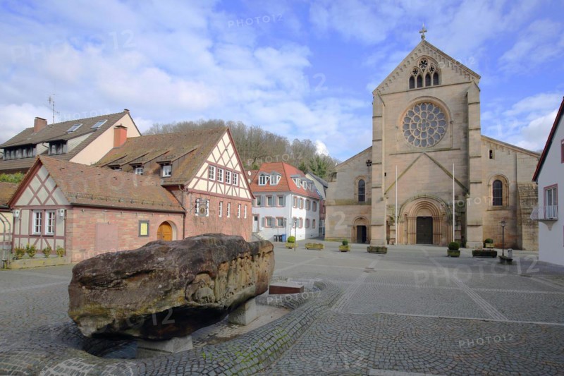 Romanesque abbey church with fountain stone, church square, Otterberg, Palatinate Forest, Rhineland-Palatinate, Germany, Europe