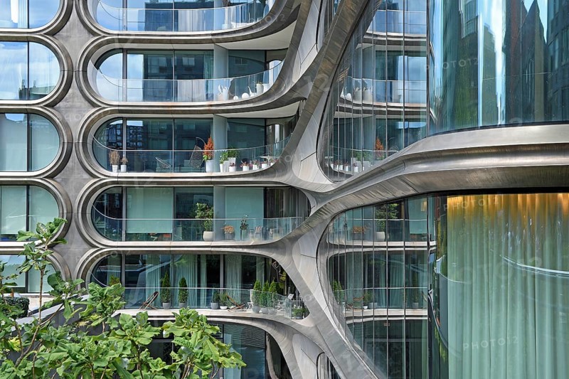 Facade of residential building 520 West 28th Street by architect Zaha Hadid, at High Line Park, Hudson Yards, Chelsea neighbourhood, West Manhattan, New York City, New York, USA, North America