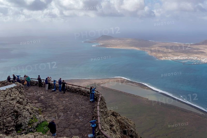 View from Mirador del Rio to Salinos del Rio and Isla Graciosa, Lanzarote, Canary Islands, Spain, Europe
