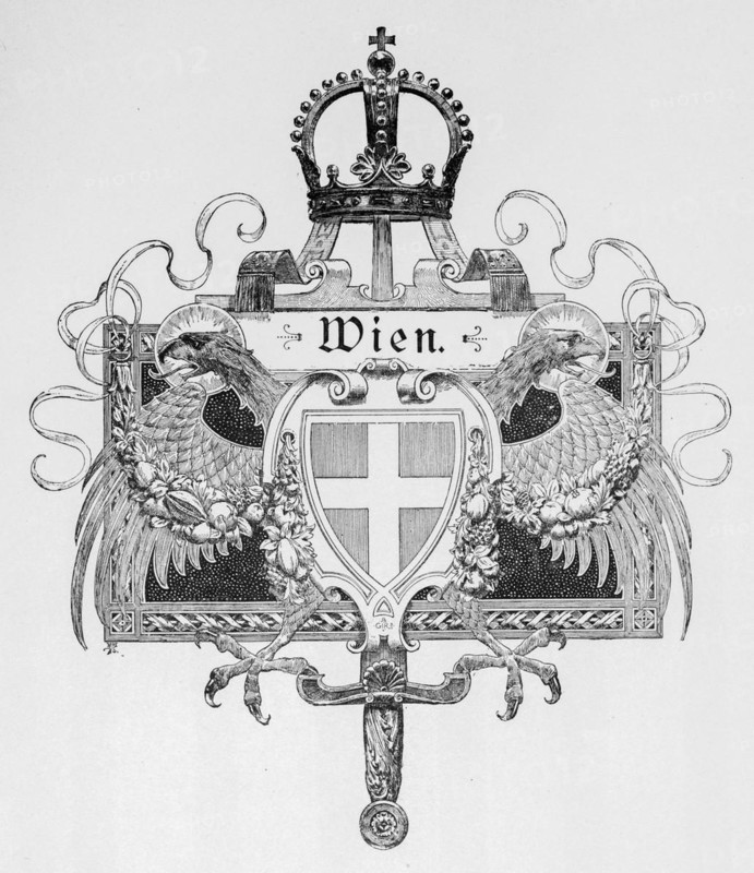 Vienna, emblem, symbol, imperial crown, eagle, sword, ornamentation, Austria, historical illustration 1890, Europe