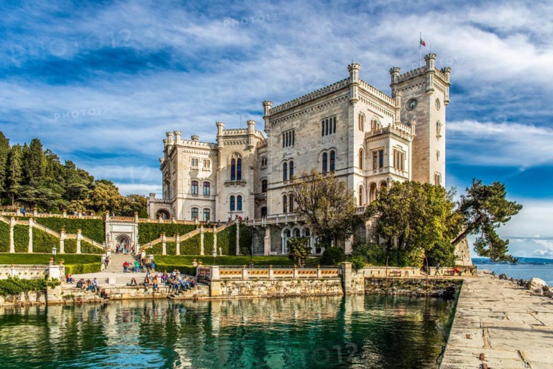 Miramare Castle in white limestone with a marvellous view of the Gulf of Trieste, 1870, residence of Maximilian of Habsburg-Lorraine and Austria, princely living culture in the second half of the 19th century, Friuli, Italy, Trieste, Friuli, Italy, Europe